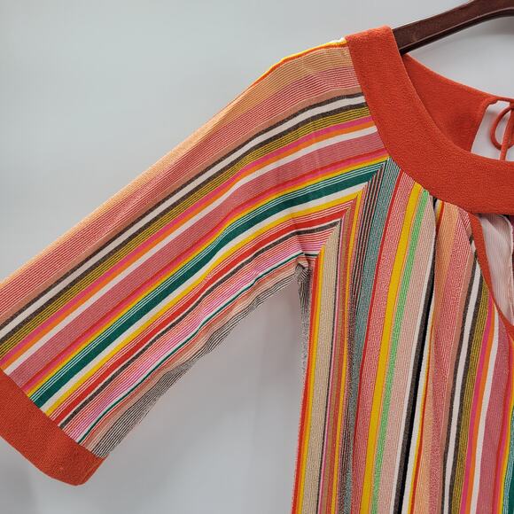 VTG Sears 70s Multicolor Striped House Coat Small Orange Robe Keyhole Back - Picture 5 of 16